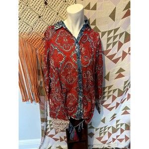 Desigual Top Large Java Red Blue Button Up Tassel Tie Boho Metallic Blouse